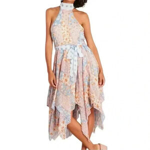 Floral Patchwork Halter Dress with High Neck and Handkerchief‎ Hem UK Size 14